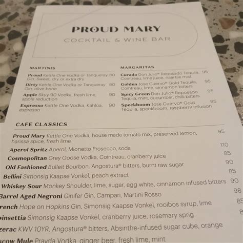 Menu at PROUD MARY restaurant, Johannesburg, The Bank