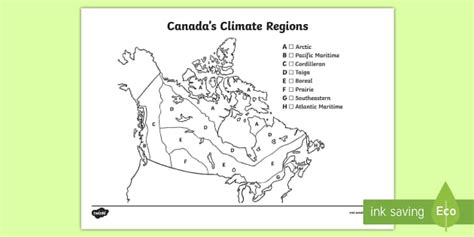 8 Climate Regions of Canada Map | Worksheet for Grades 4-6