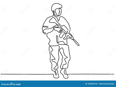 Soldier One Line Drawing. Portrait of Army Man with Uniform and Rifle ...