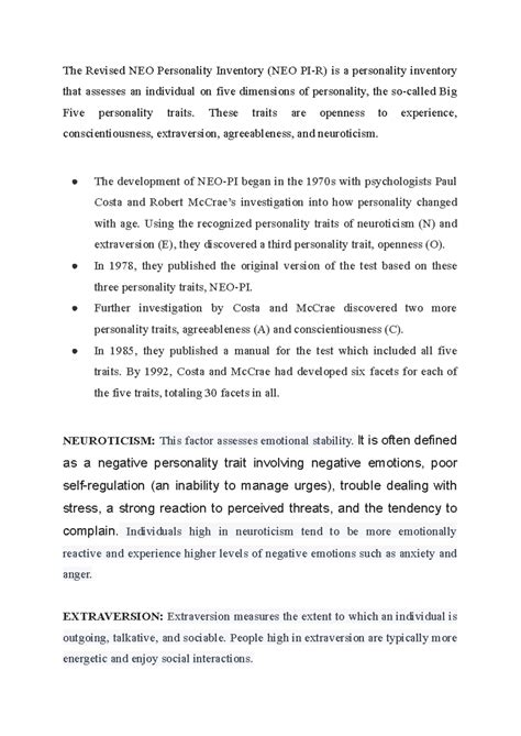 NEO PI-R Personality Inventory Manual Overview and Key Traits - Studocu