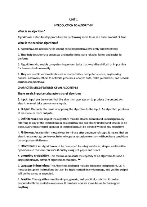 UNIT 1 - Introduction to Algorithms: Key Concepts and Analysis - Studocu