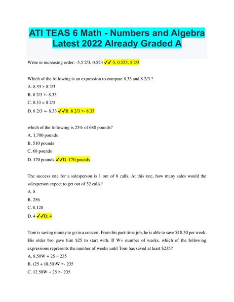 ATI TEAS 6 Math - Numbers and Algebra Latest 2022 Already Graded A ...