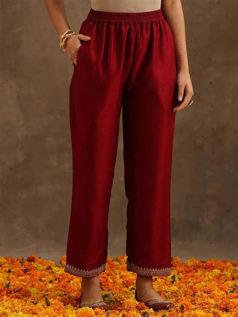 Buy Maroon Embroidered Silk Blend Straight Kurta With Trousers ...