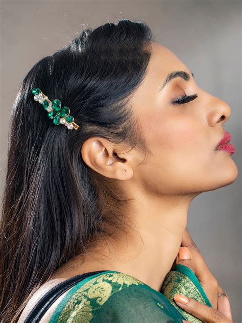 Green Stones Rose Gold Plated Floral Hair Pin – Priyaasi