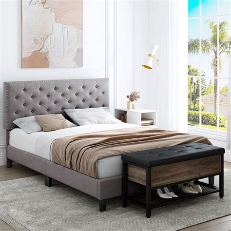Modern Upholstered Platform Queen Size Bed (Teak Wood, Grey) – WoodenTwist
