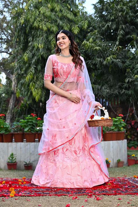 Buy Online Embroidered Sequence Semi-Stitched Mono Net Lehenga Choli ...