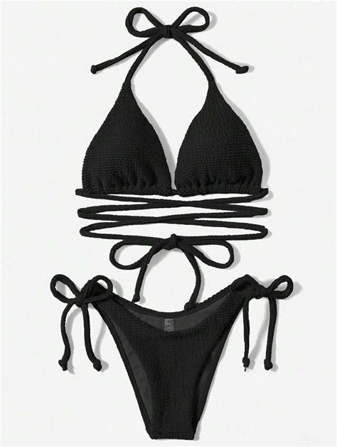 SHEIN Swim Ladies" Fashionable Solid-Colored Lace Up Bikini Set,Summer ...