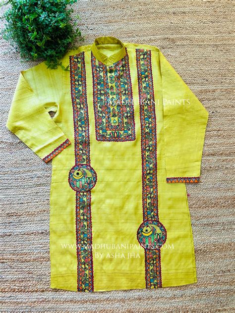 Macchli Kamal Hand-painted Madhubani Men's Tussar Silk Kurta ...