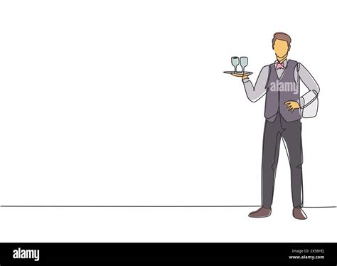 Single continuous line drawing of young male waiter pose standing while ...