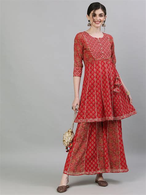 Buy Ishin Women's Cotton Red Embellished Peplum Kurta Sharara Set Online