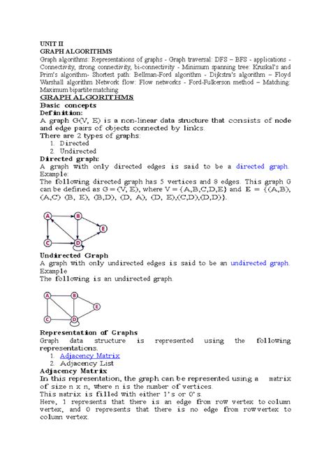 CS3401 UNIT II Graph Algorithms: Traversals, Trees, and Paths - Studocu