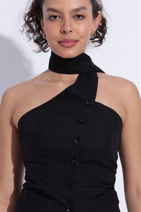 Scarf Neck Tailored Top – Black – Maba India