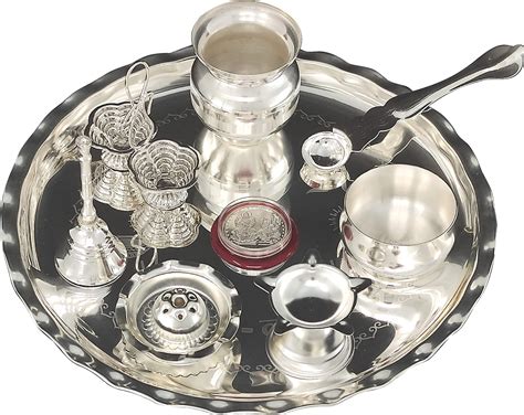 BENGALEN Pooja thali Set Silver Plated with 8 Inch Plate Diya Kalash ...