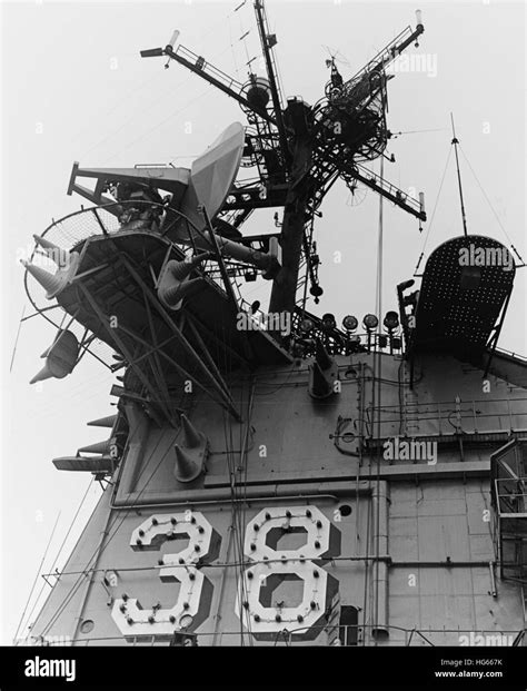 View of the island of anti-submarine warfare support carrier USS ...