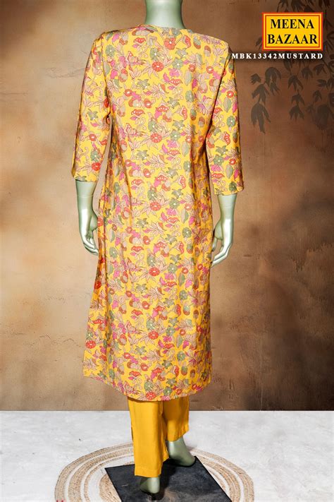 Mustard Maslin Ready Made Suit with Elegant Neck Embroidery – Meena Bazaar