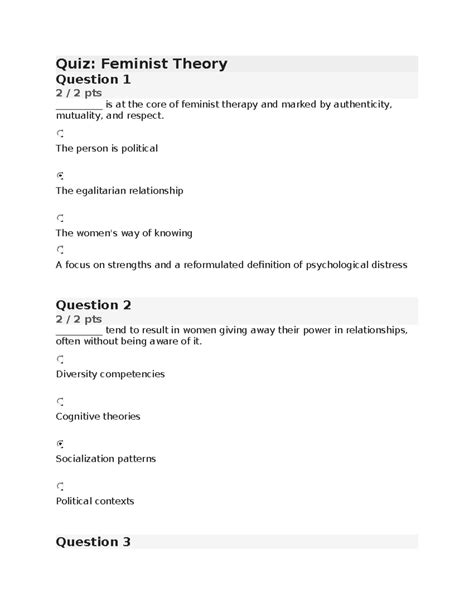 Quiz Feminist Theory - Quiz: Feminist Theory Question 1 2 / 2 pts ...