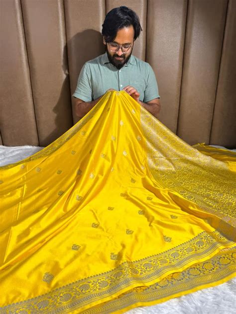 Yellow Mashru Katan Silk Buta Work Banarasi Saree – Unique Threads Sarees