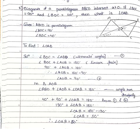 The diagonals of a parallelogram ABCD intersect atO.If angle BOC=90°and ...