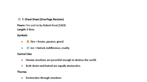 Fire and Ice Cheat Sheet - 7. Cheat Sheet (One-Page Revision) Poem ...