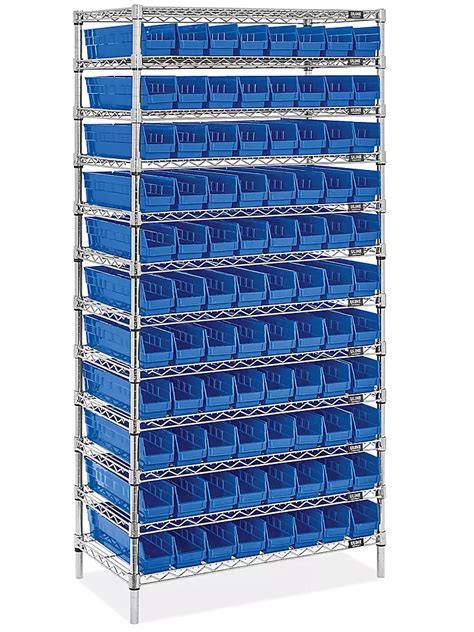 Wire Shelf Bin Organizer - 36 x 18 x 72" with 4 x 18 x 4" Blue Bins H ...