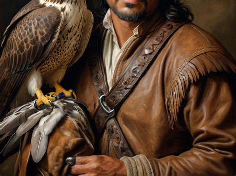 Man holding a falcon, in the centre of a group of people