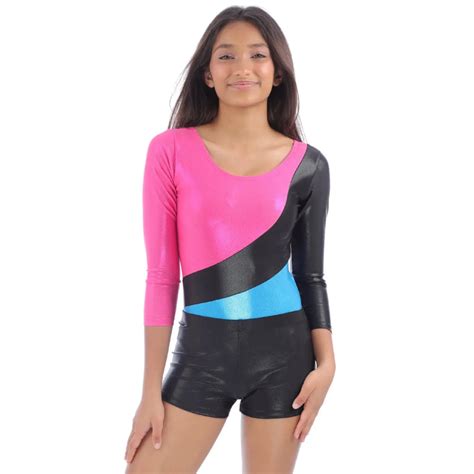 Full-Sleeves Color Block Pattern Metallic Leotard and Shorts - IKAANYA