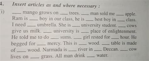 Insert articles (a, an, the) as and where necessary in the sentences belo..