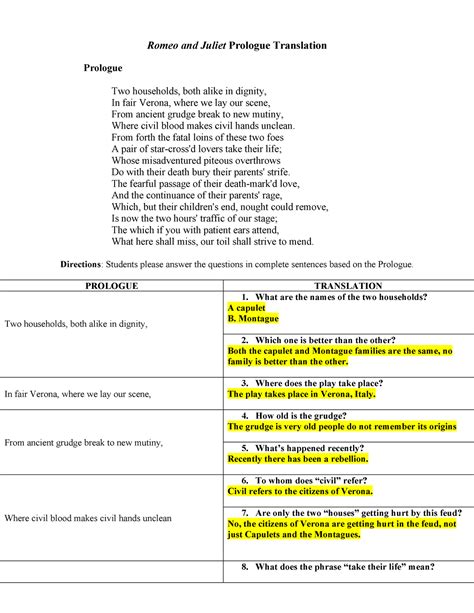 Prologue Translation Worksheet - Romeo and Juliet Prologue Translation ...