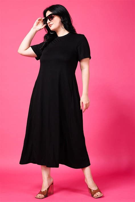 Flared Midi Dress | High Neck | Short Sleeves | Solid | Casual/Party ...