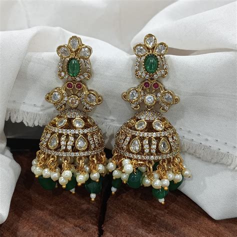 Stunning Premium Victorian AD Stone Jhumkas - Earrings- Green, Pink, R ...