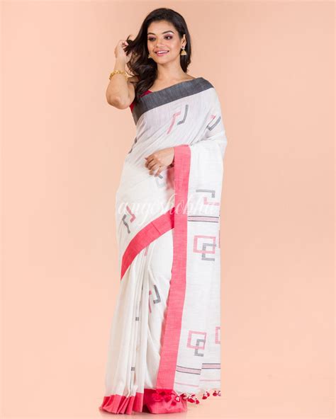 White Jamdani Cotton Saree – angoshobha