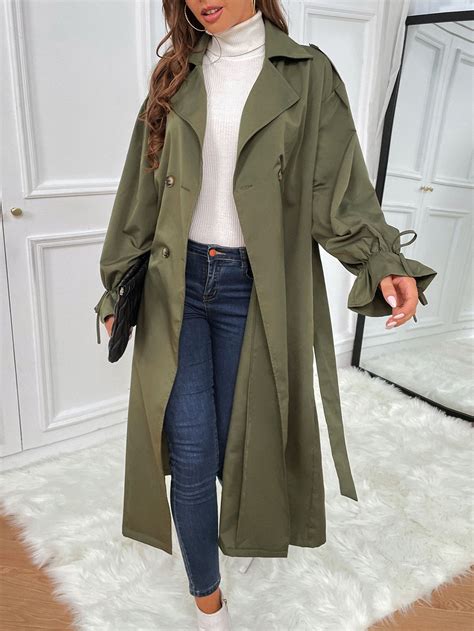 SHEIN Tall Trench manches évasées à bouton ceinturé | SHEIN | Khaki ...