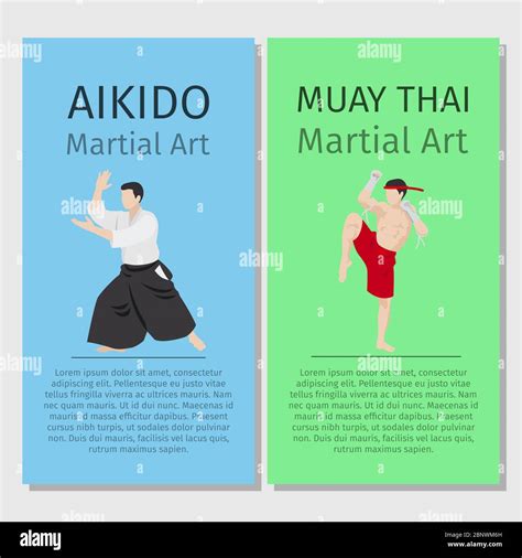 Asian martial arts vector flyers set. Aikido and Muay Thai illustration ...