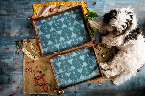 A Tiny Mistake Blue Ikat Print Teak Tray Set of 2 Serving Trays