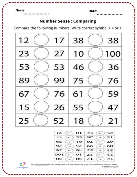 Number Sense: Comparing Free Printable Worksheet