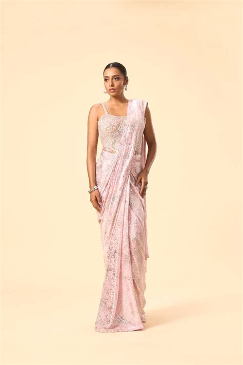 Pink Foil Printed Sequin Saree with Corset Blouse