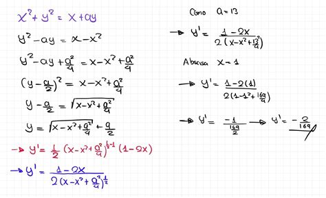 Dada la función x^2+y^2=x+ay. Calcule el valor de la derivada dy/dx cuando la abscisa es igual a ...