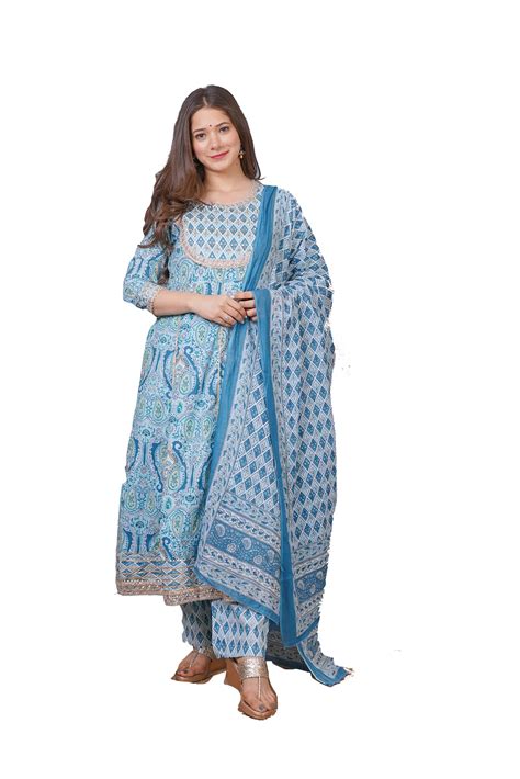 MEERA FAB Women's Cotton Printed Anarkali Kurta with Palazzo & Dupatta ...
