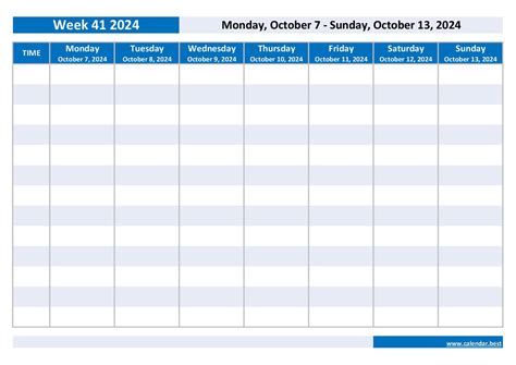 Week 41 2024: dates, calendar and weekly schedule to print
