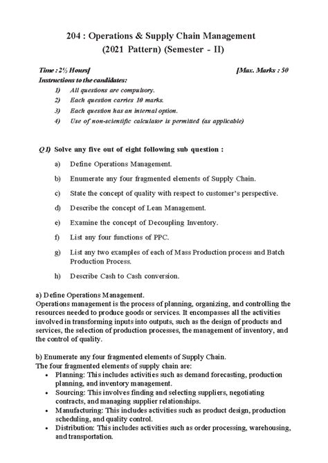 2021 OSCM M.B.A Answer Key - Operations & Supply Chain Management - Studocu