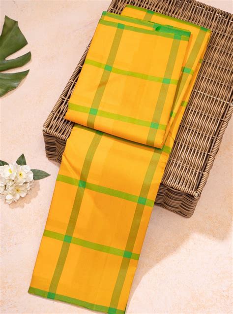 Yellow Borderless Checks Pure Designer Kanchipuram Silk saree – Clio Silks