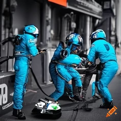 Formula 1 race car pit crew in neon blue uniform and helmet on Craiyon