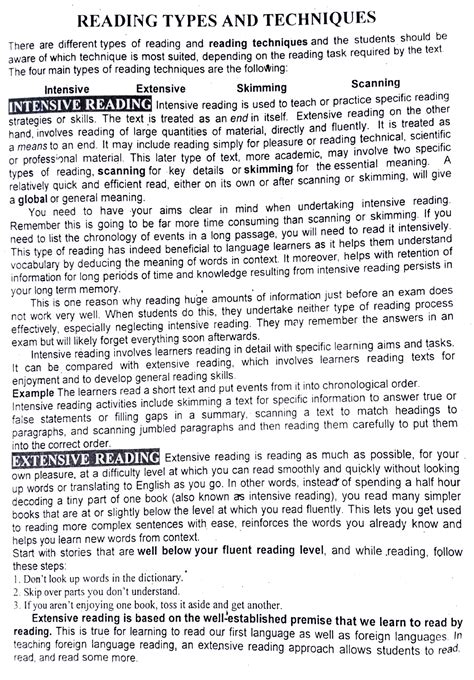 Reading Types & Techniques - READING TYPES AND TECHNIQUES There are different types of reading ...