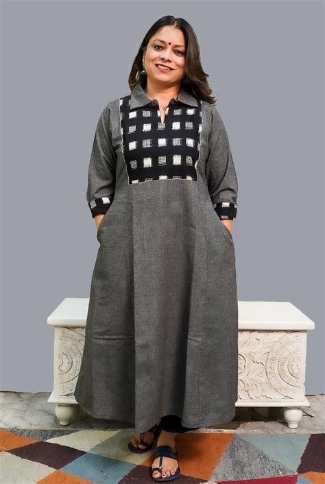 Grey Handloom Cotton Kurti with Double Ikat Yoke – Naksh For You