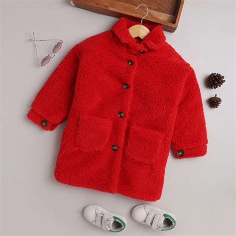 Shop Online Girls Red Solid Full-Sleeve Long Coat at ₹1189