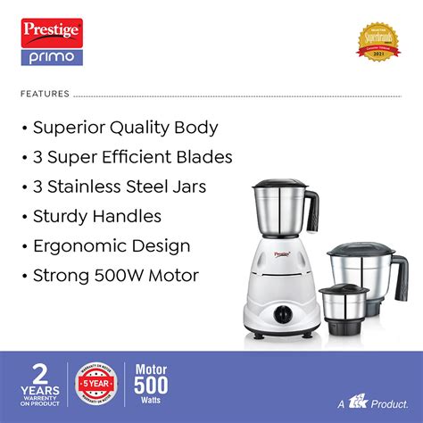 Buy Prestige Primo 500 Watt 3 Jars Mixer Grinder (Ergonomic Design ...