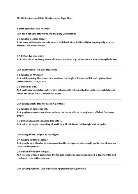 CP25C01 Advanced Data Structures and Algorithms Q&A: Units 1-5 Overview ...