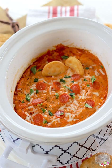 Pepperoni and Cheese Crock Pot Pizza Dip Recipe • Slow Cooked Eats