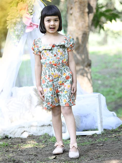 Cutiekins Square Neck Printed Cotton Playsuit -White & Green