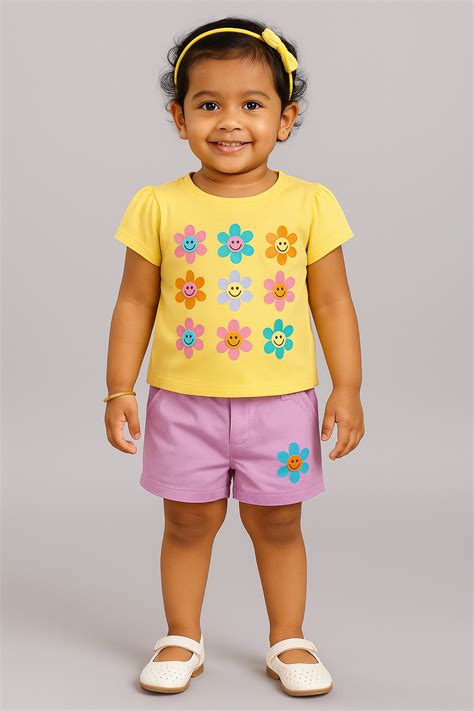 Baby Girls' Floral Fun Outfit Set – Yellow Smiley Flower T-Shirt & Pin ...
